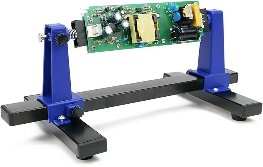 An adjustable PCB stand with various knobs and positions.