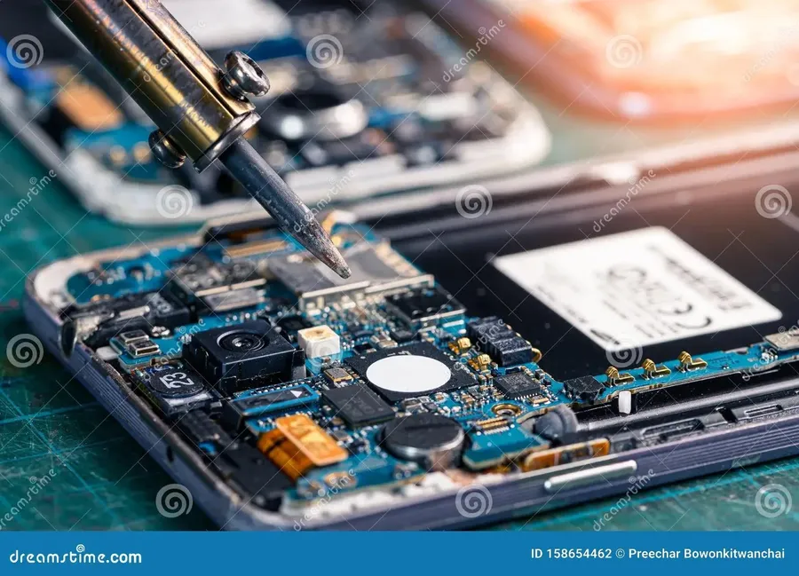 A person using a PCB stand while repairing a mobile phone motherboard.
