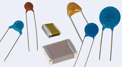 A close up view of several ceramic capacitors.