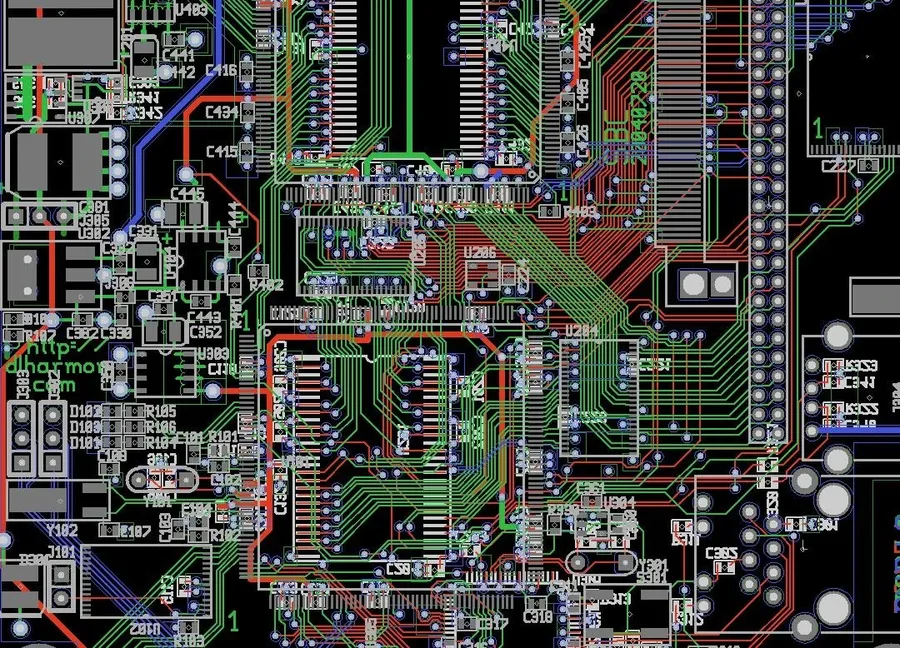 A complex PCB design with a high density of components and traces.