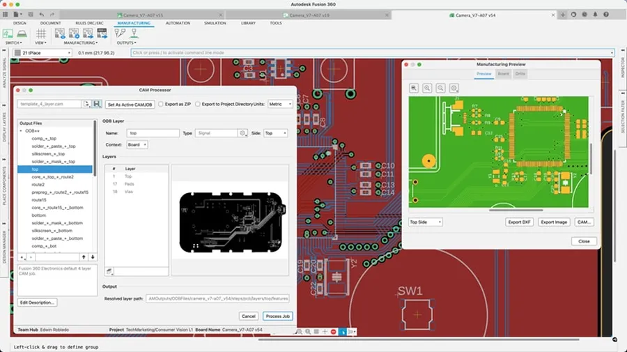 Two computer screens showing different interfaces for PCB design software, positioned side by side.
