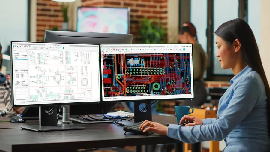 A workstation setup with a computer and multiple monitors running PCB design software.