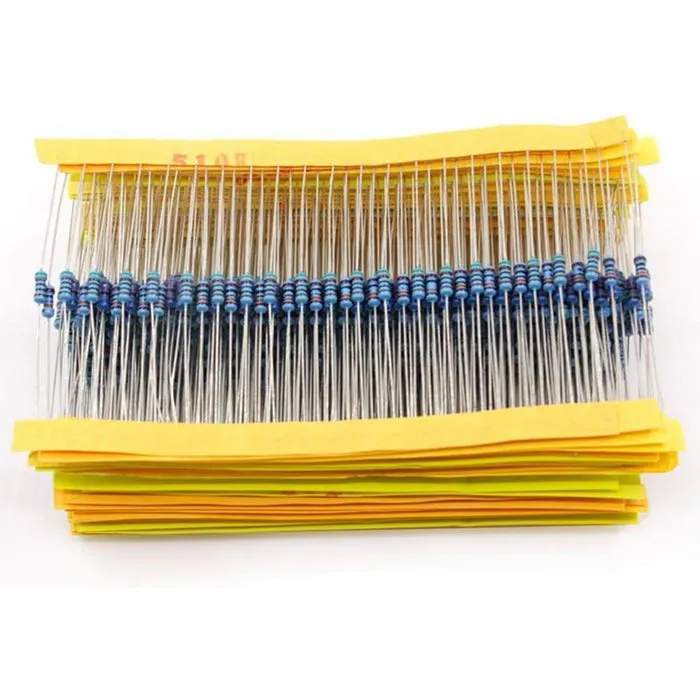 A large quantity of resistors in bulk packaging.
