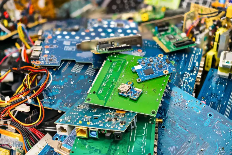 A circuit board with various electronic components, including resistors.