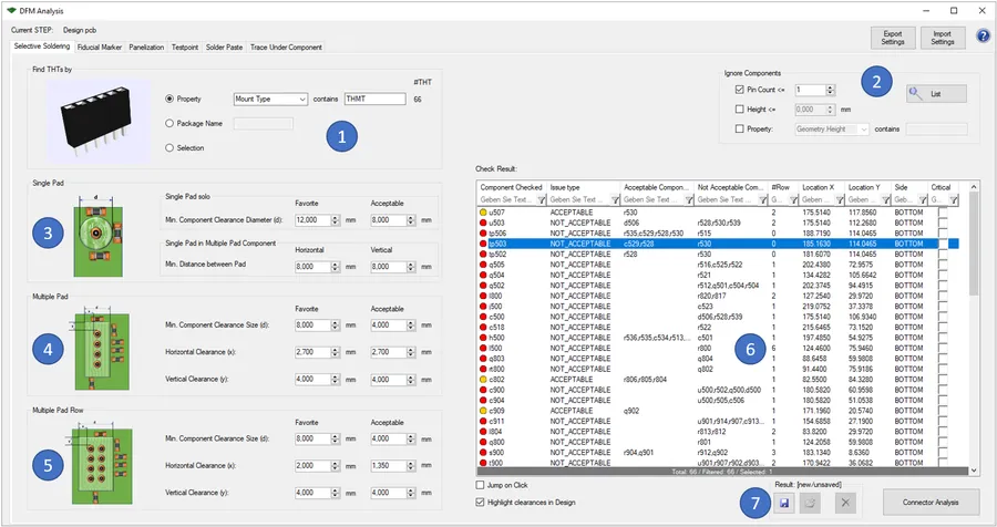 A screenshot of a DFM report analyzing a PCB design.