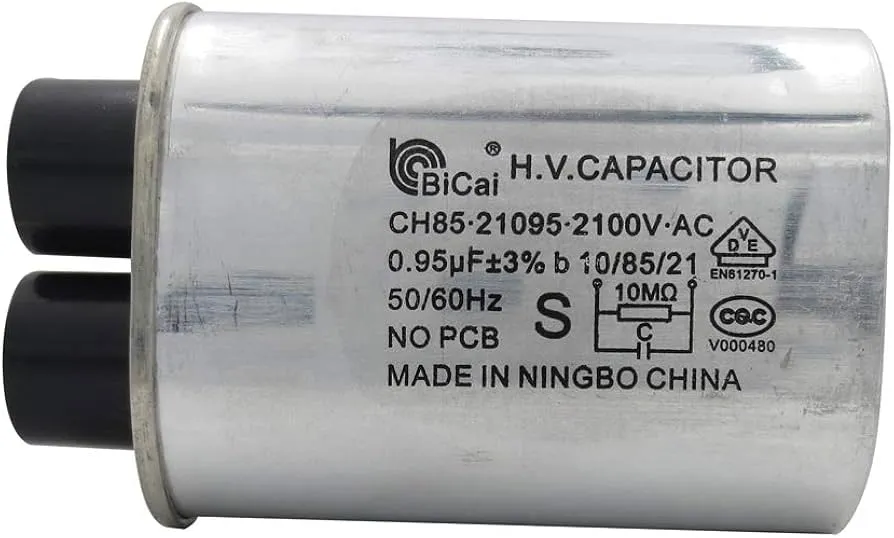 A close-up of a microwave capacitor label, showing model number and other data.