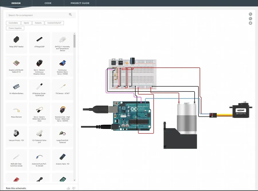 A simulation of an Arduino circuit running in a virtual environment.