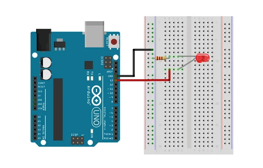 A simple Arduino circuit setup on a breadboard.