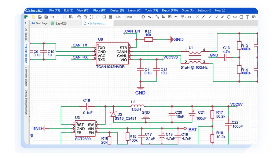 Screenshot of the EasyEDA software interface showcasing a PCB design.