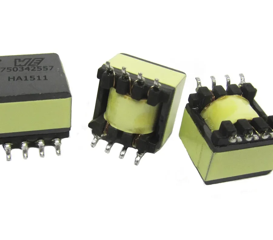 A PCB with a transformer used in an electronic device.