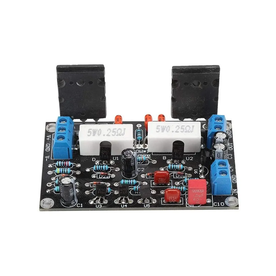 A fully assembled 2SC5200 and 2SA1943 amplifier board.