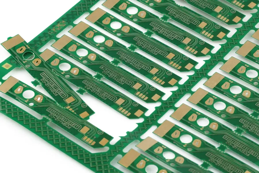 A PCB panelized for efficient manufacturing, showing multiple boards on a single panel.
