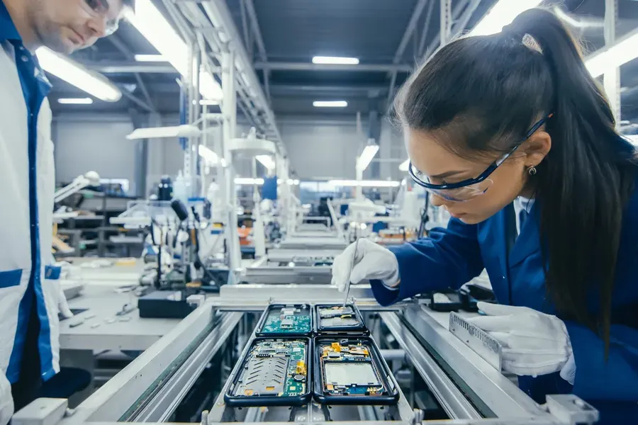 A production line showing PCB assembly process.