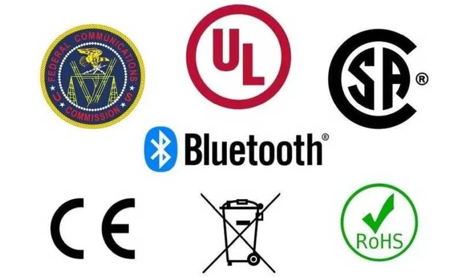 Various certification logos on a PCB, showcasing quality and standards compliance.