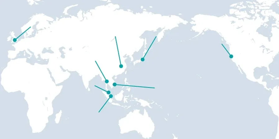 A world map highlighting the locations of Fujikura PCB manufacturing sites and offices.
