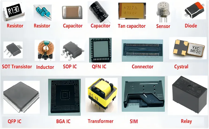 Close-up of various components placed on a PCB during assembly.