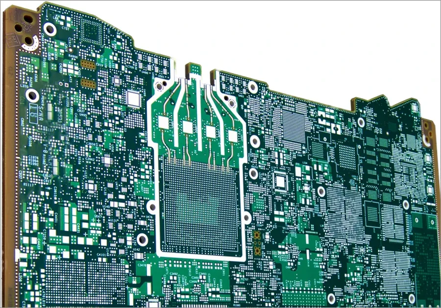 A view of a PCB manufactured by Sanmina.