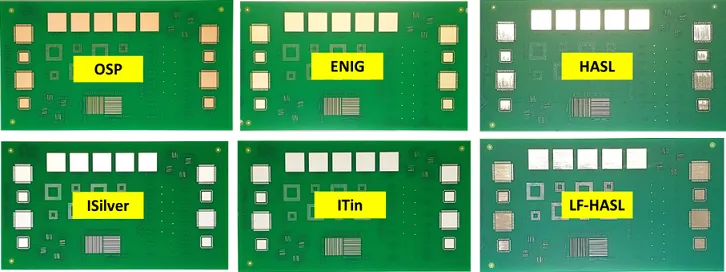A close up of different PCB surface finishes, illustrating various coating options.