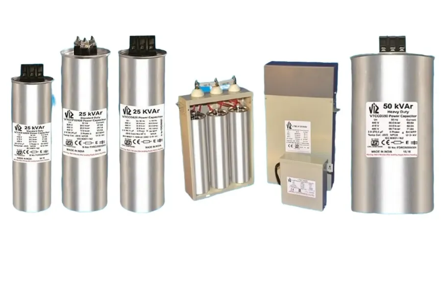Power capacitors installed in an electrical system.