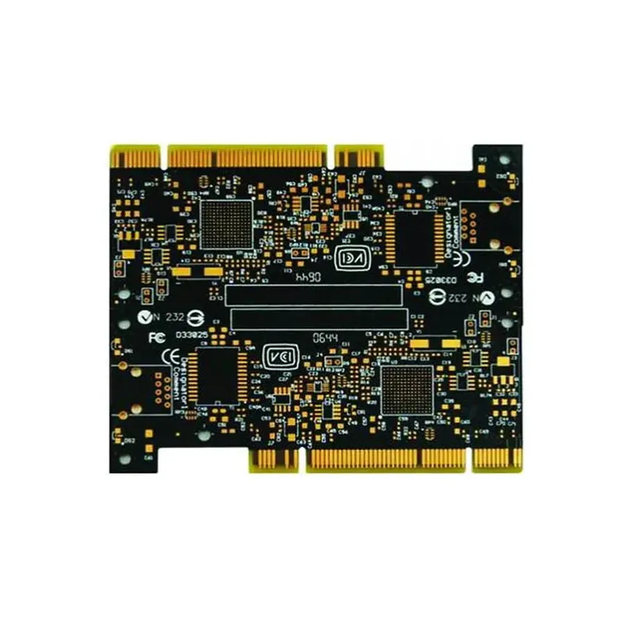 A printed circuit board with gold plated surface finish.