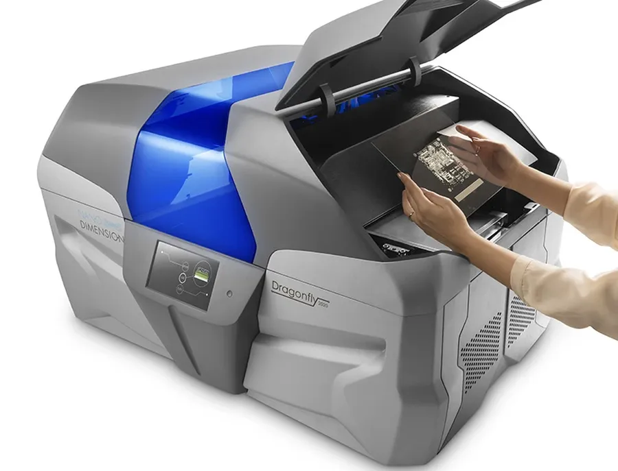 A Dragonfly PCB printer on a desktop.