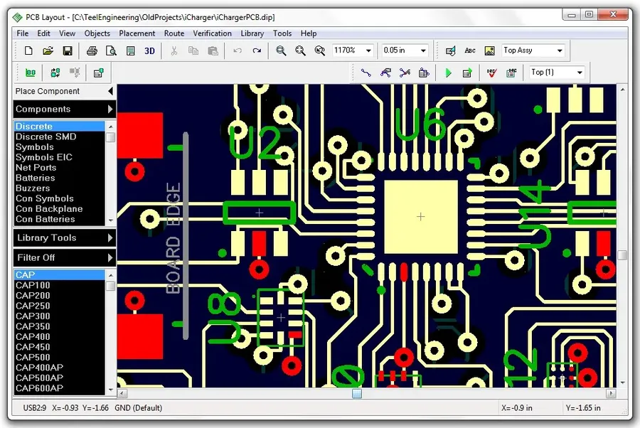 Screenshot of a PCB design software interface showing a circuit board layout.