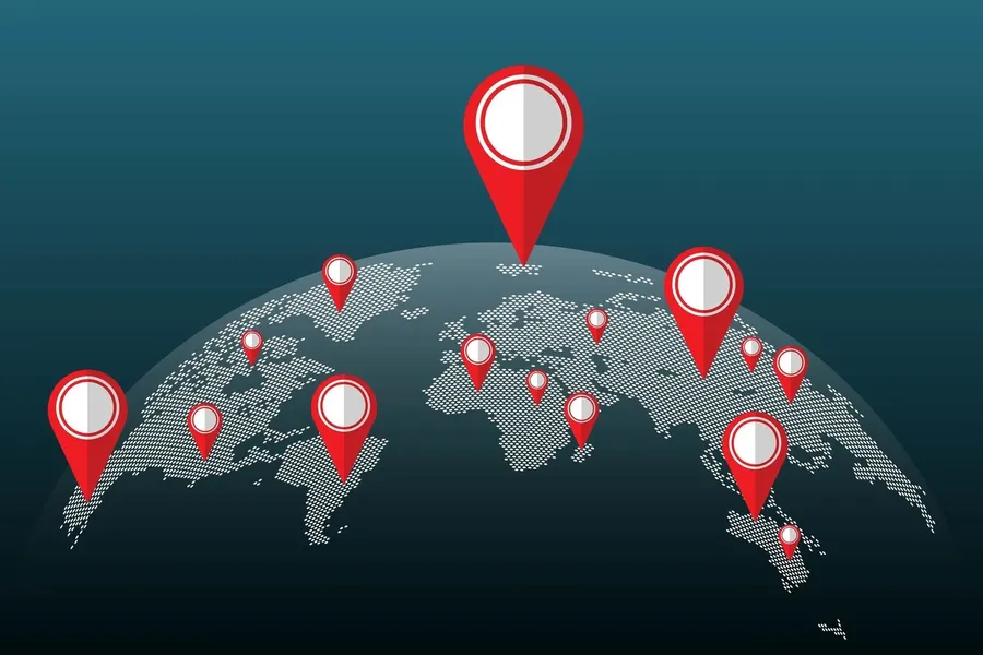 A world map with pins highlighting various locations associated with PCB design or manufacturing.
