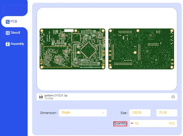 A screenshot of a website showing a PCB design ordering interface.