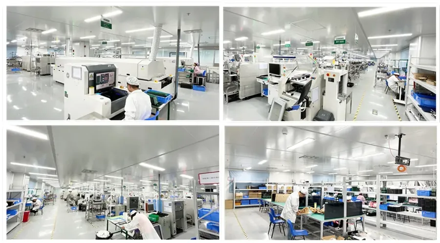 A photo of a PCB manufacturing factory with equipment and workers.