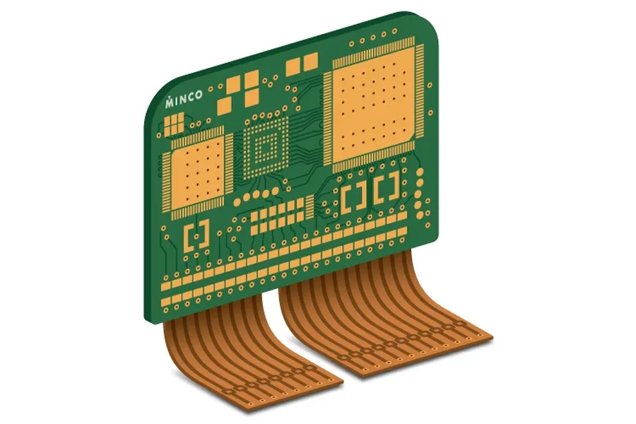 A rigid-flex PCB with both rigid and flexible sections.