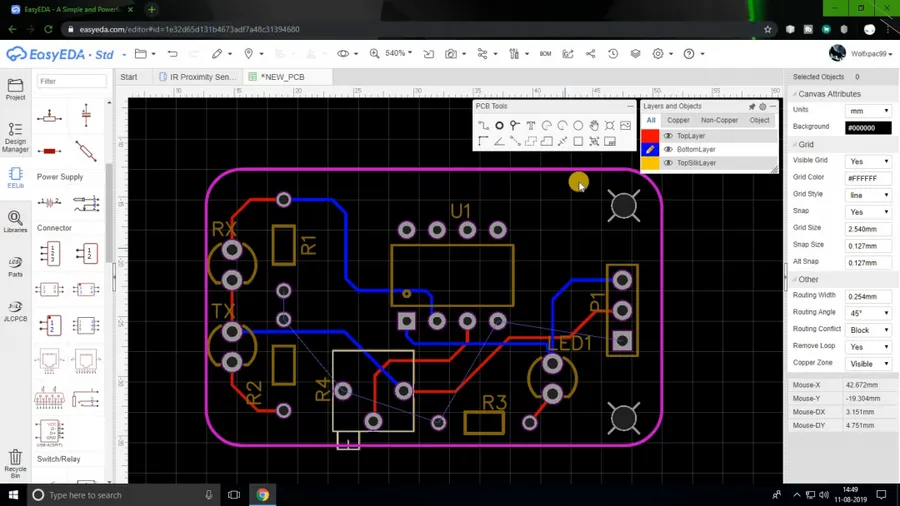 A screenshot of an online PCB design software in a browser window.