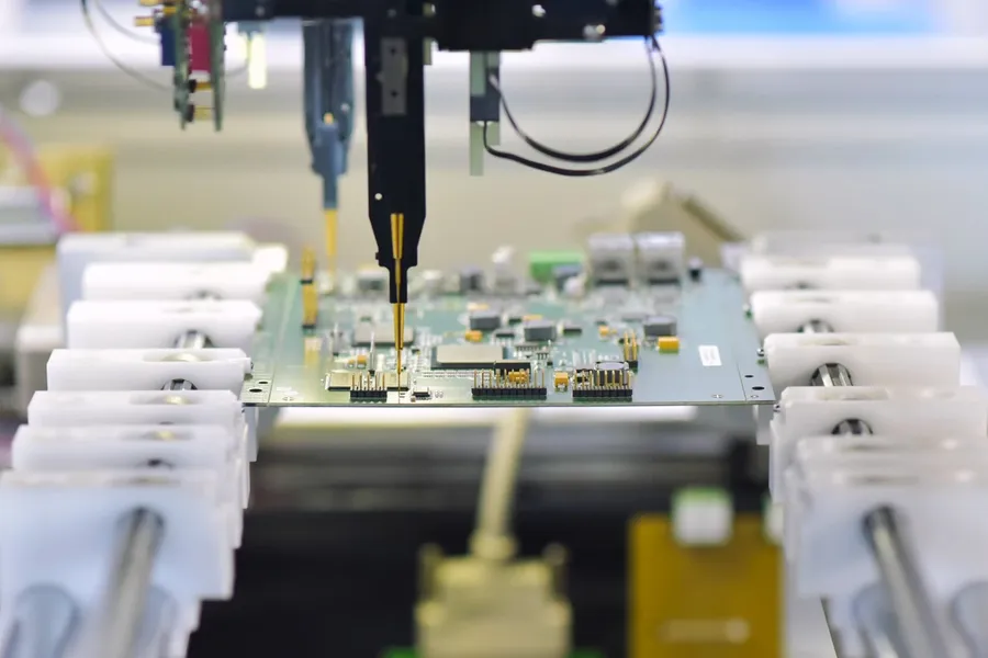 Various testing equipment being used to check the quality of aerospace PCBs.