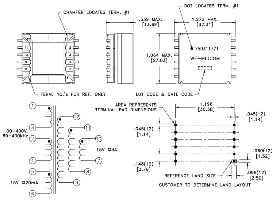 A technical datasheet showing specifications of a transformer.
