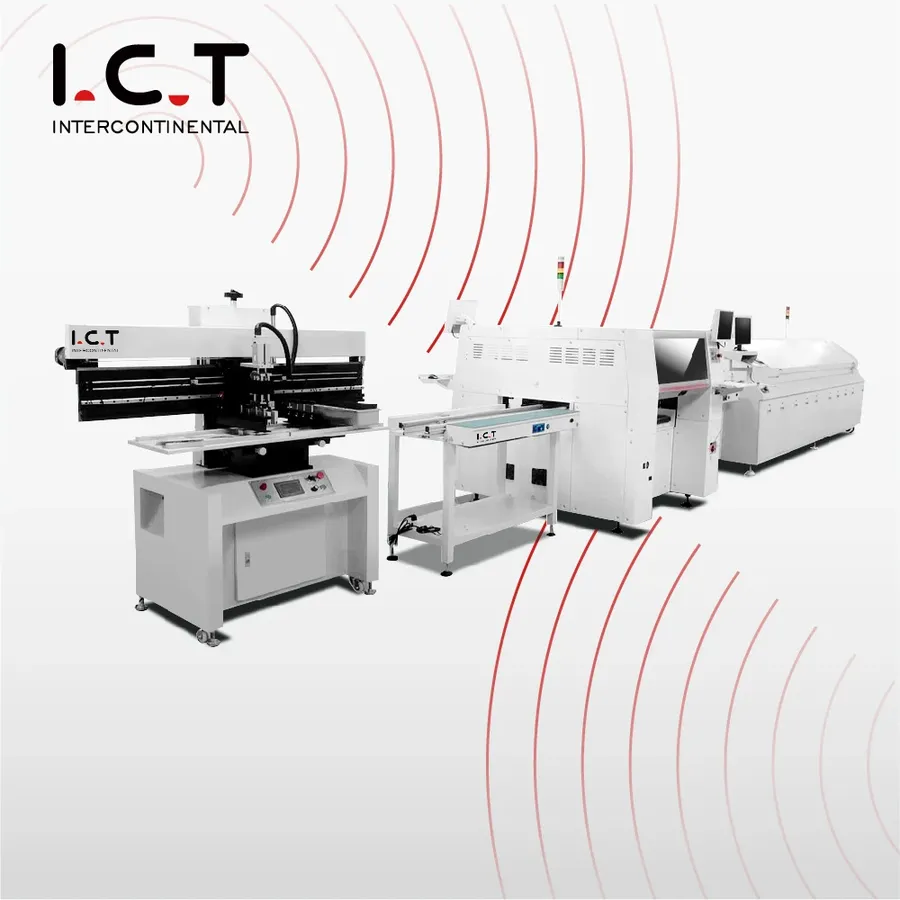 A modern, automated SMT assembly line with robotic systems.