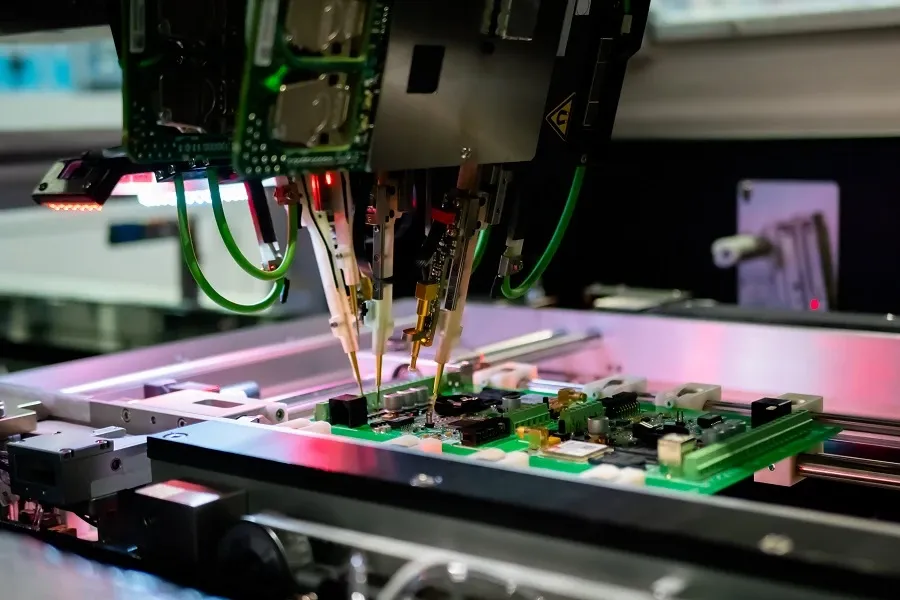 A PCB being tested with specialized equipment.