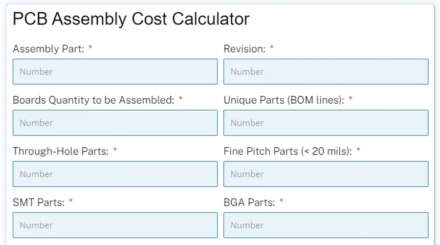 A view of a PCB cost calculator interface with various input options.