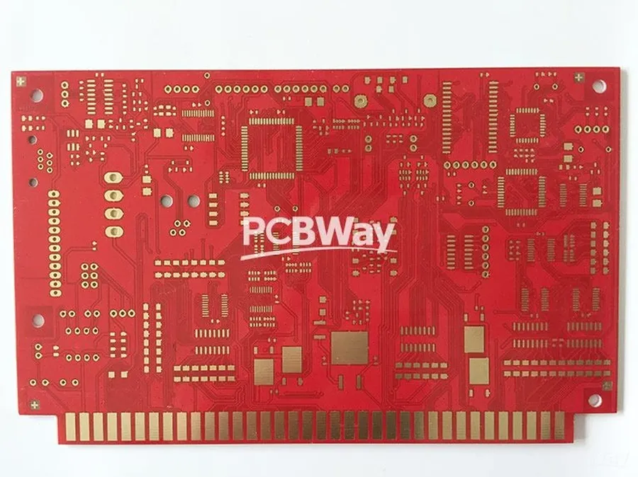 A close-up of a PCB with the PCBWay logo.