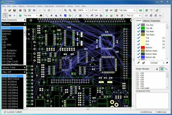 A screenshot of a PCB design software interface showing a circuit layout.
