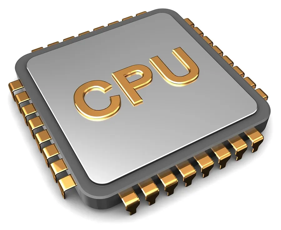 A silicon CPU chip showing the intricate circuitry containing billions of transistors.