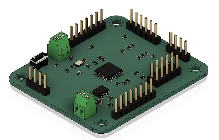 A 3D rendering of a PCB designed in KiCad.
