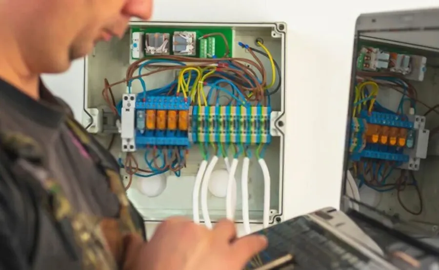 An image of smart home devices interconnected with electrical wiring.