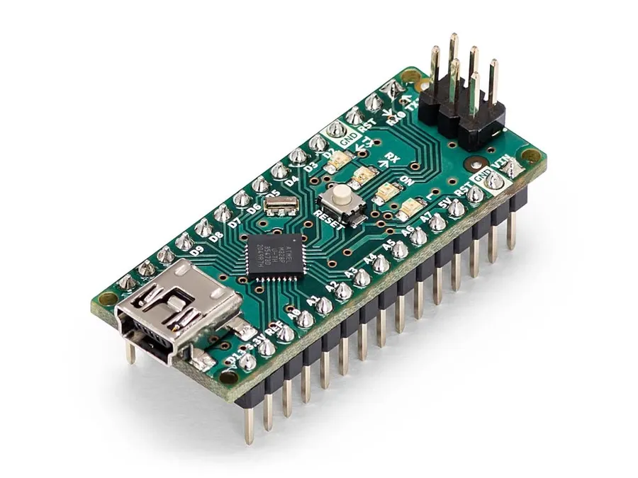 An Arduino Nano development board showing its components and layout.