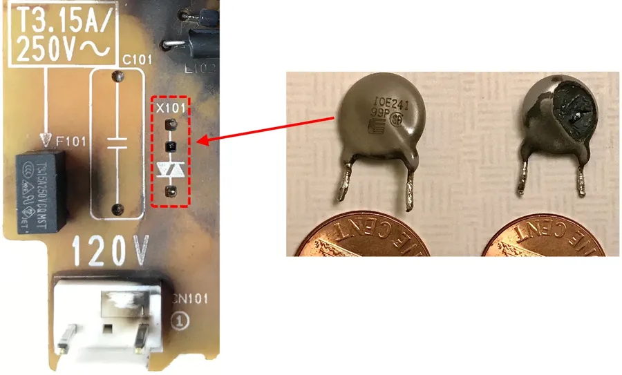 A burnt and damaged varistor.