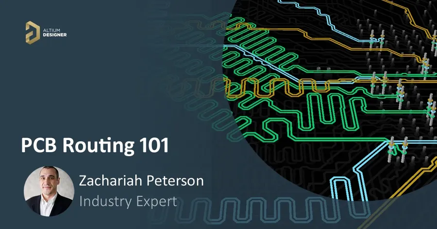 A close up view of PCB routing in Altium Designer.