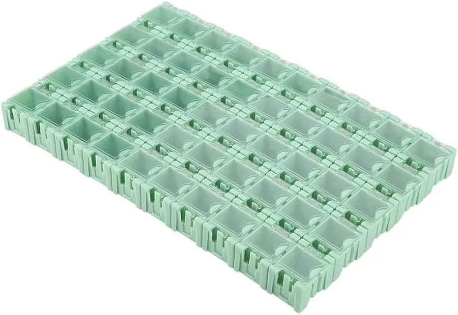 A close-up of a parts organizer box filled with various electronic components.