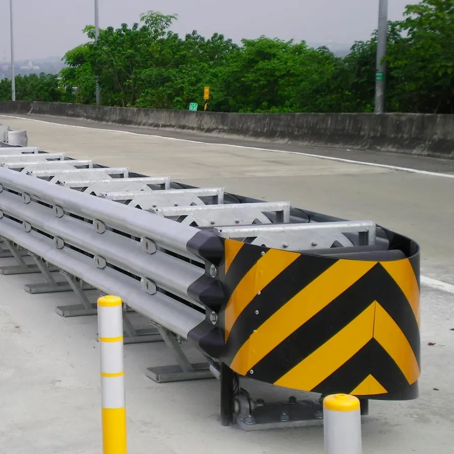 A highway crash cushion installed as a safety measure.