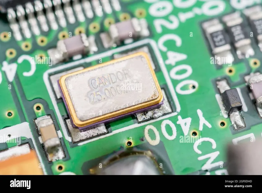 A PCB with a crystal oscillator in a smartphone.