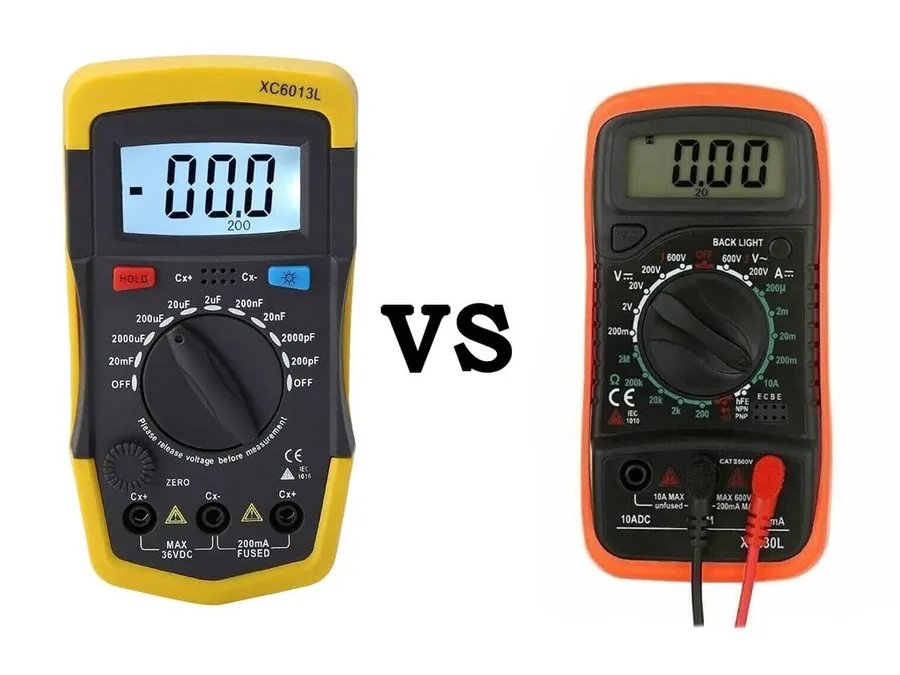 A multimeter measuring the capacitance of a capacitor.