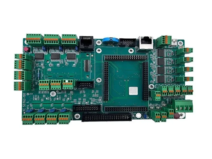 A fully assembled FR4 PCB with components.