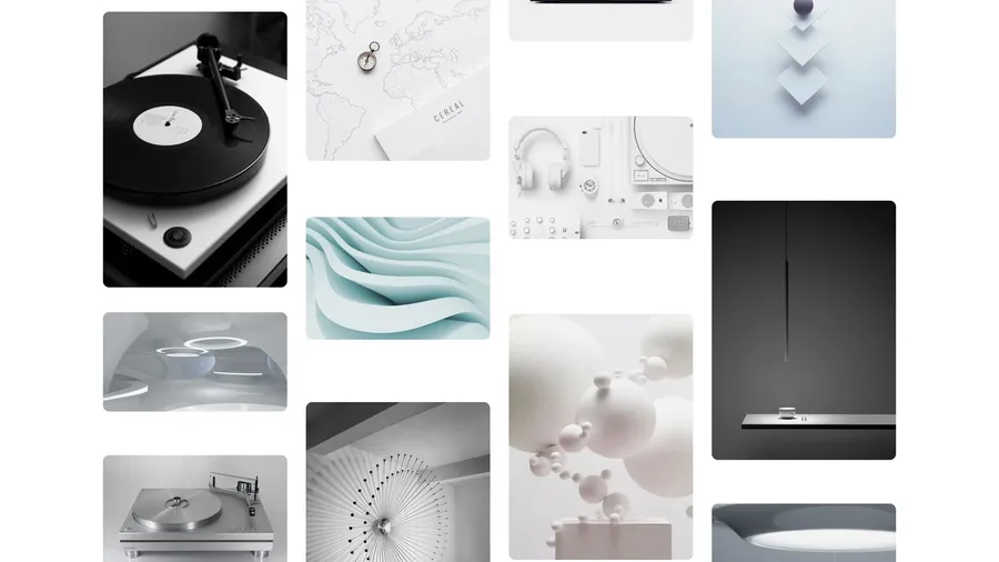 A mood board with various electronic components, color swatches, and inspirational images.